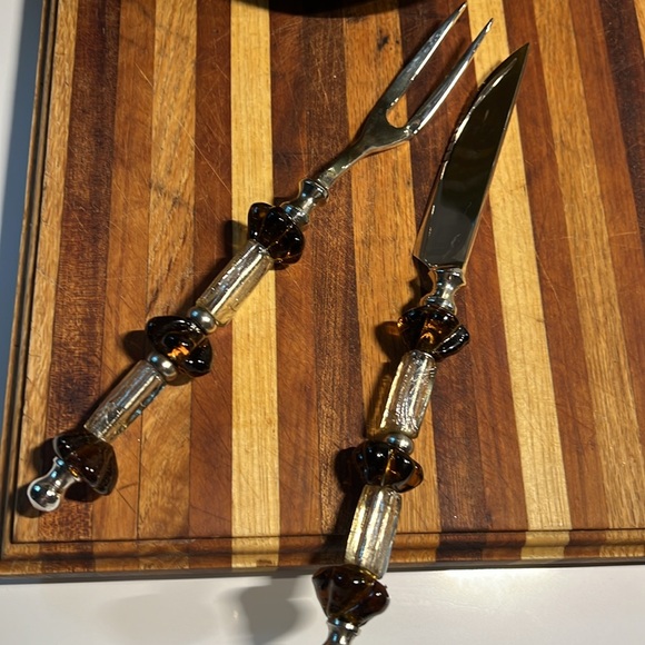 Silver and Glass Serving/Carving knife Fork Set - Picture 3 of 6